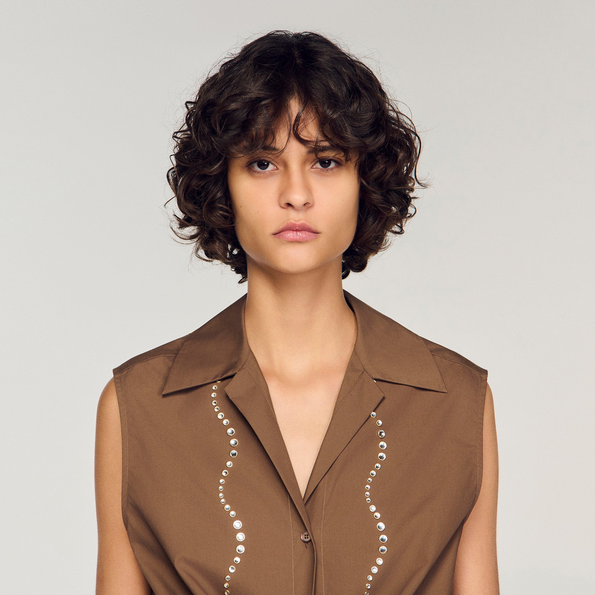 Tel Rhinestone Cropped Shirt Brown