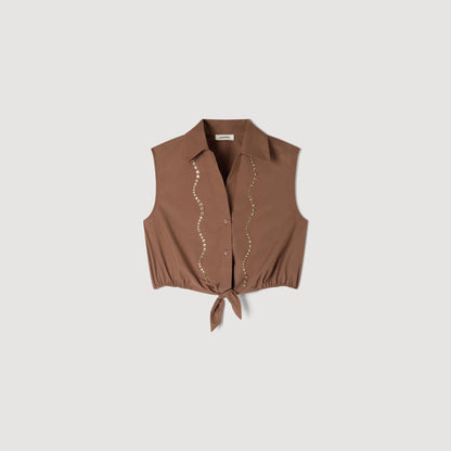 Tel Rhinestone Cropped Shirt Brown