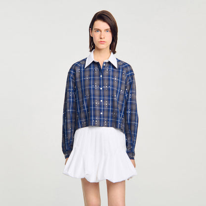 Rhinestone Check Shirt Blue