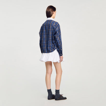 Rhinestone Check Shirt Blue