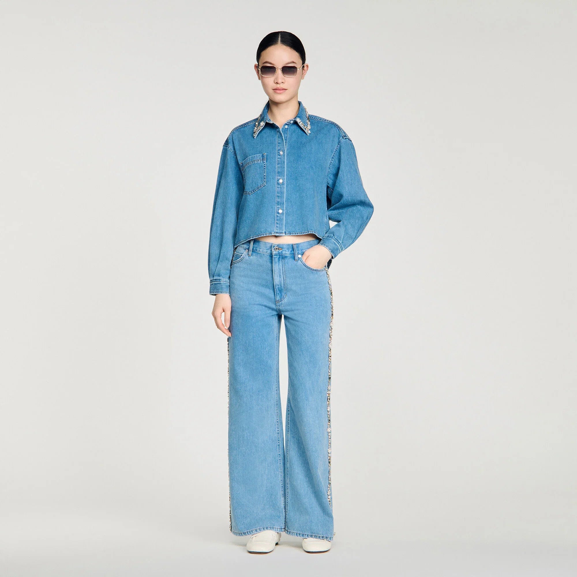 Carmella Denim Shirt With Rhinestones Blue Jean