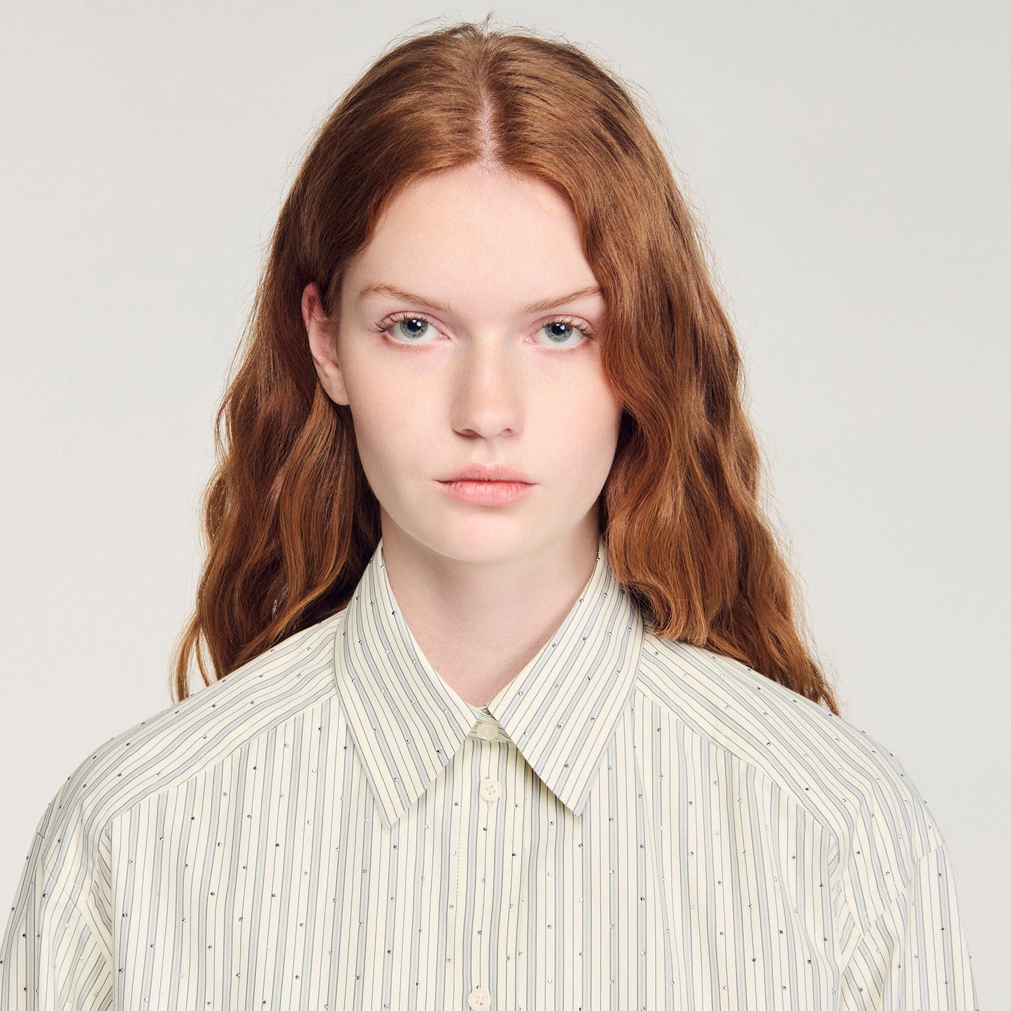Cassiopee Striped Rhinestone Shirt Ecru