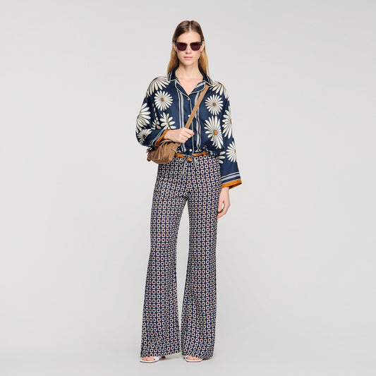 Dahlia Floral Print Silk Shirt Deep Blue / Ocher