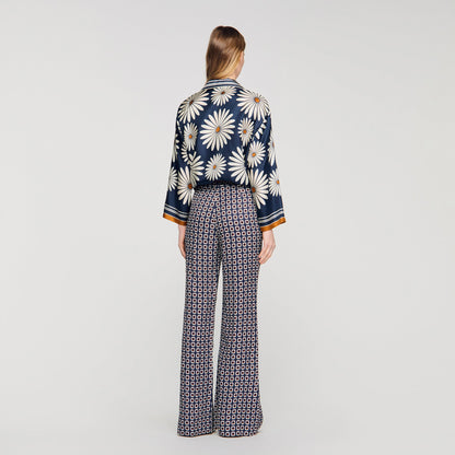 Dahlia Floral Print Silk Shirt Deep Blue / Ocher