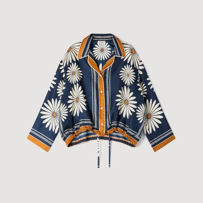 Dahlia Floral Print Silk Shirt Deep Blue / Ocher