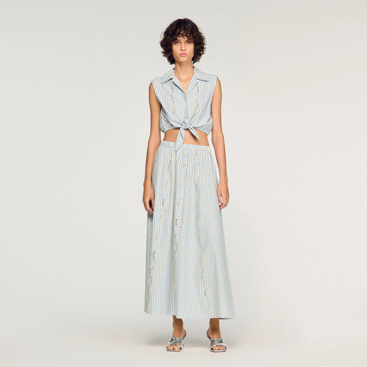 Lucio Cropped Striped Rhinestone Shirt Blue