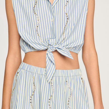 Lucio Cropped Striped Rhinestone Shirt Blue
