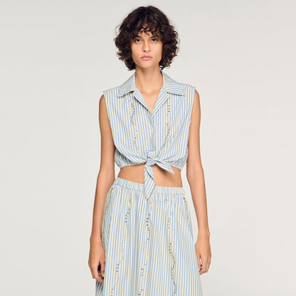 Lucio Cropped Striped Rhinestone Shirt Blue