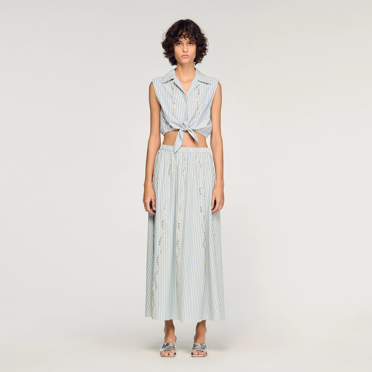 Lucio Cropped Striped Rhinestone Shirt Blue