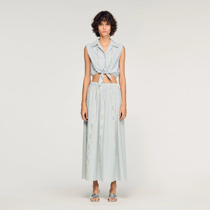 Lucio Cropped Striped Rhinestone Shirt Blue