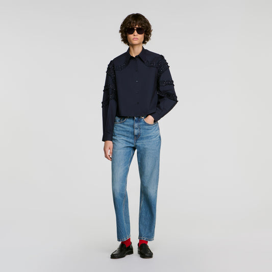 Litchi Gathered rhinestone cotton shirt Navy Blue