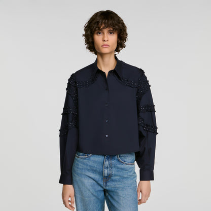 Litchi Gathered rhinestone cotton shirt Navy Blue