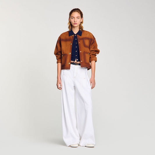 Topstitched Wide-Leg Jeans White