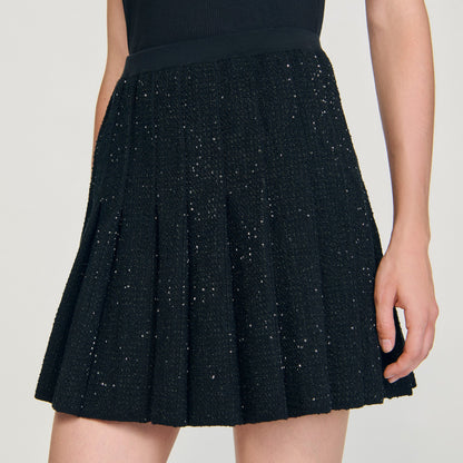 Henriette Short Tweed Pleated Skirt Black