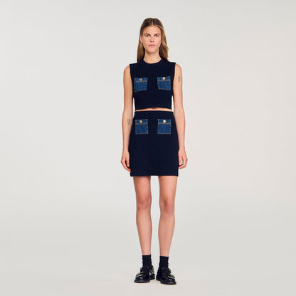 Isolda Short Knit And Denim Skirt Navy Blue