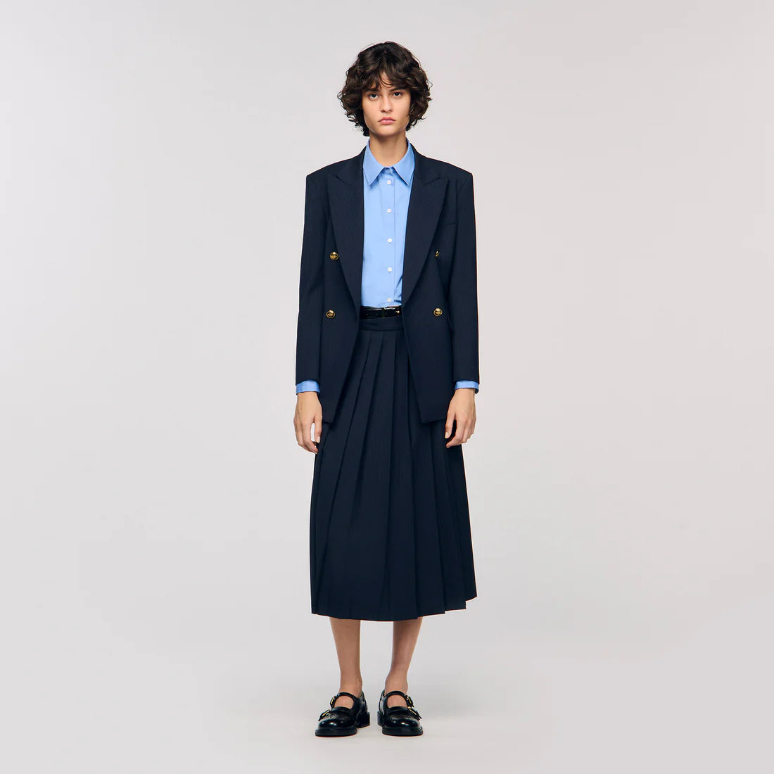 Theana Long Pleated Skirt Navy Blue