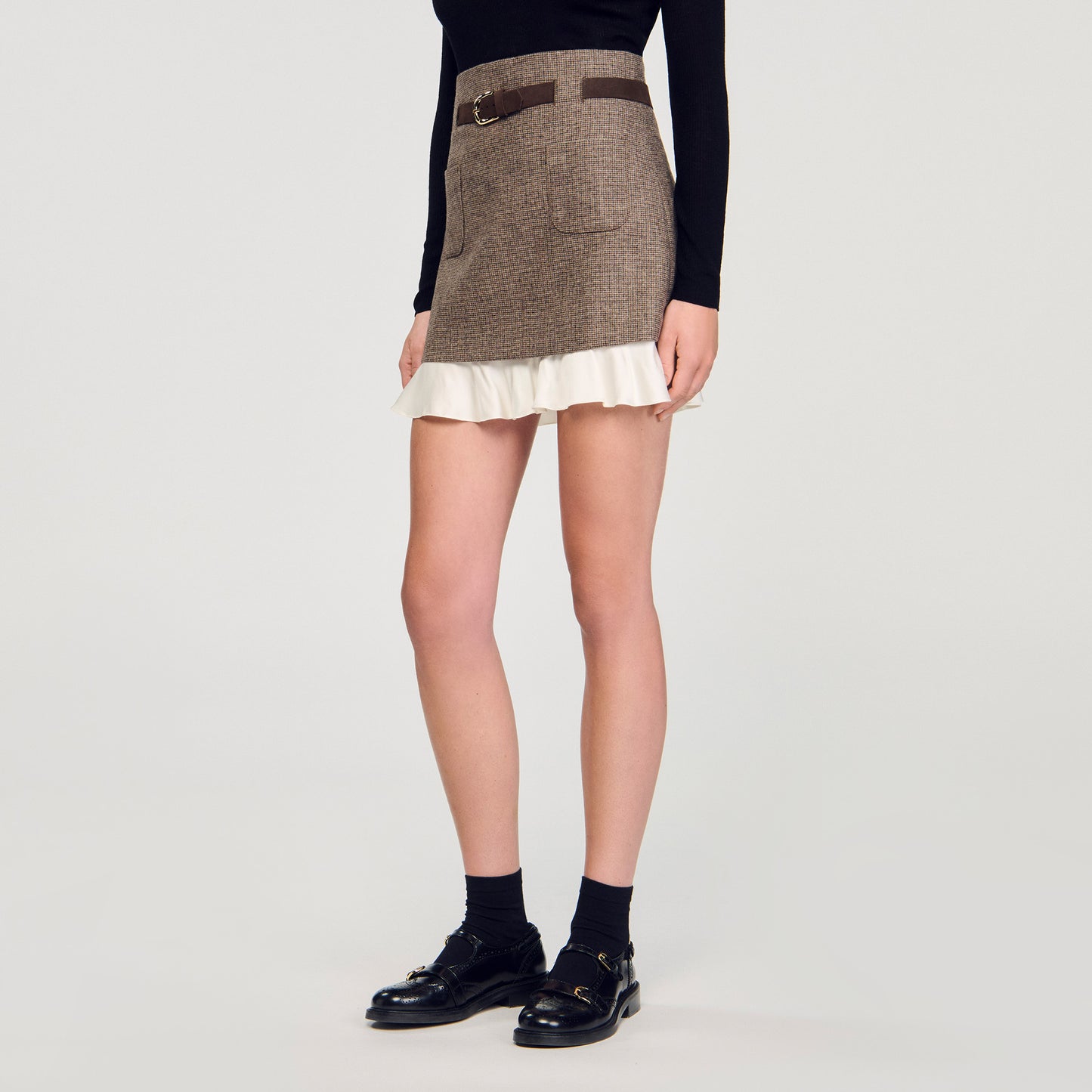 Leiana Short Skirt With Frill And Belt Brown