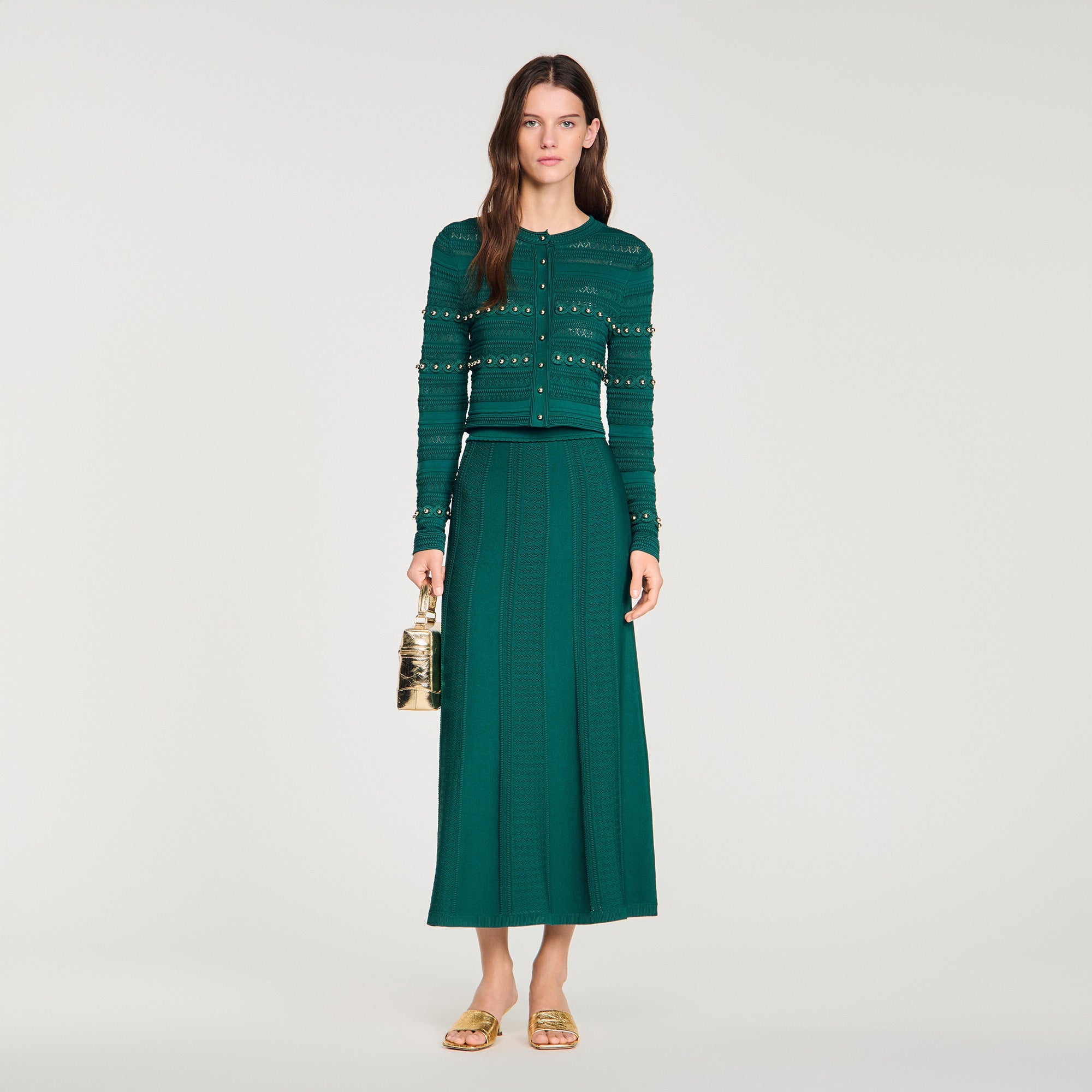 Vanea Beaded Textured Knit Skirt DARK GREEN