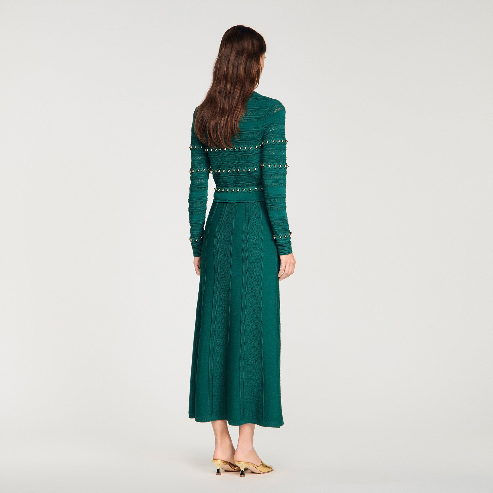 Vanea Beaded Textured Knit Skirt DARK GREEN