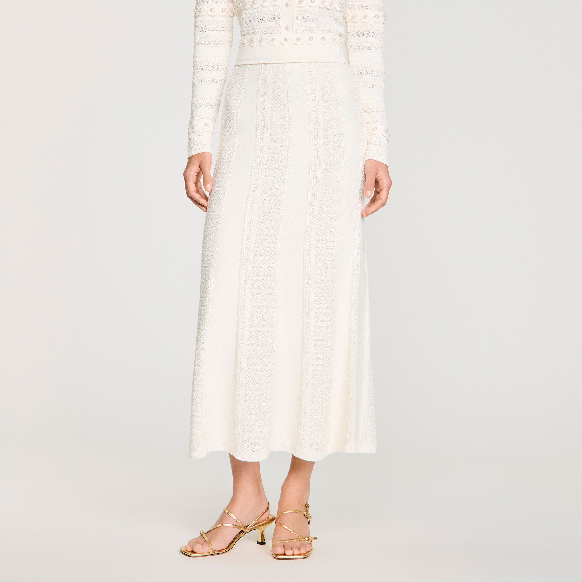 Vanea Beaded Textured Knit Skirt CREAM