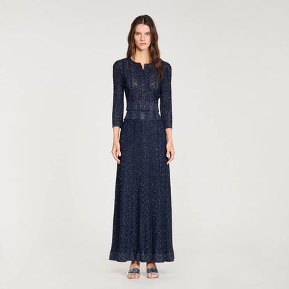 Leslie Rhinestone Knit Maxi Skirt Navy Blue