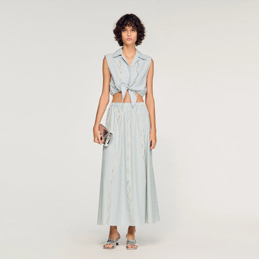 Lucia Rhinestone Striped Long Skirt Blue