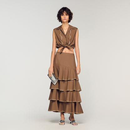 Telia Long Ruffled Rhinestone Skirt Brown