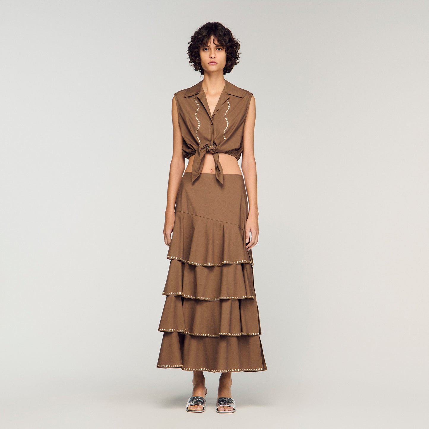 Telia Long Ruffled Rhinestone Skirt Brown
