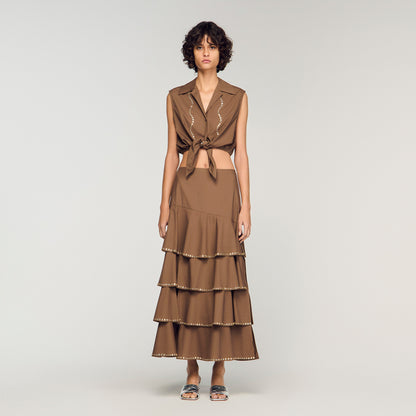 Telia Long Ruffled Rhinestone Skirt Brown