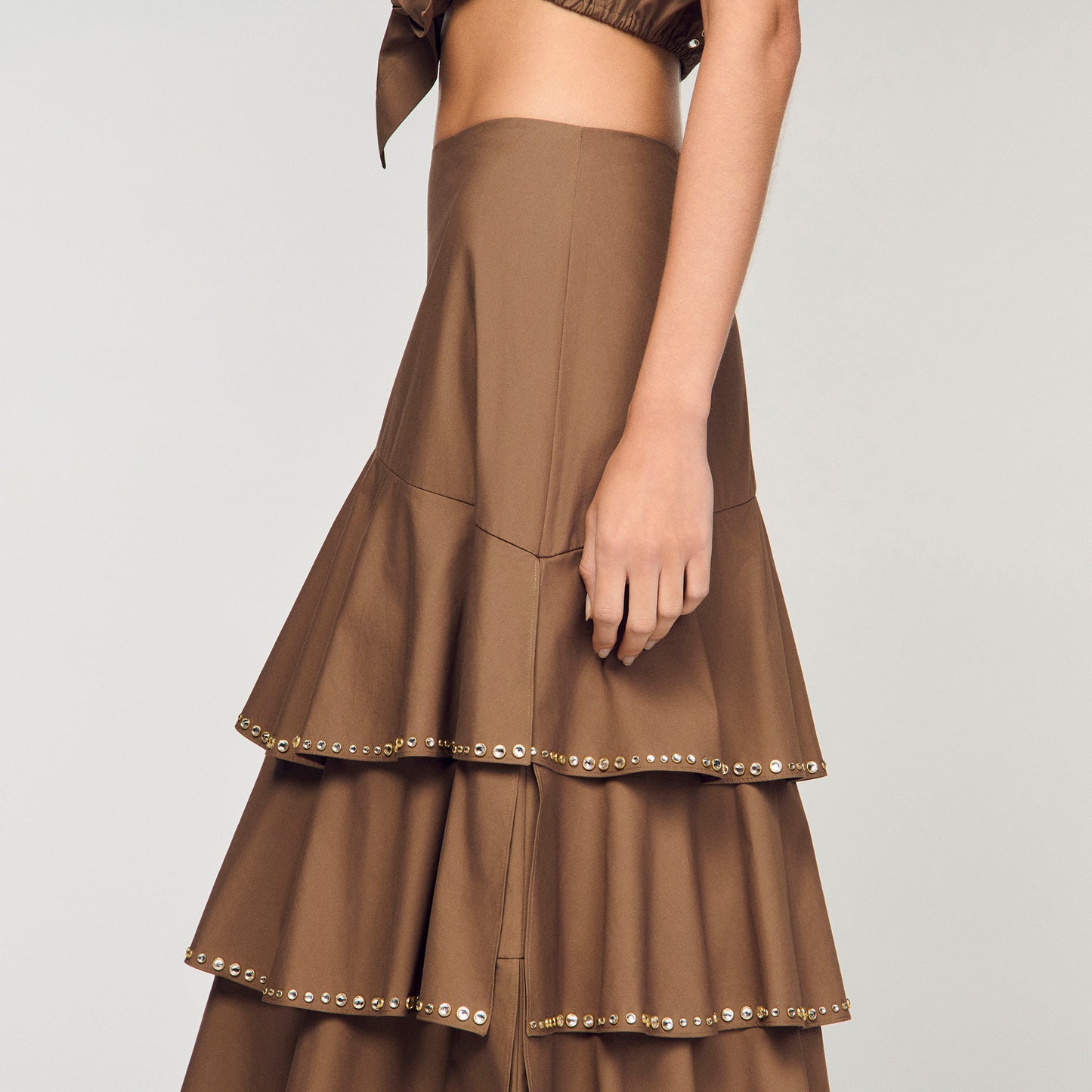 Telia Long Ruffled Rhinestone Skirt Brown