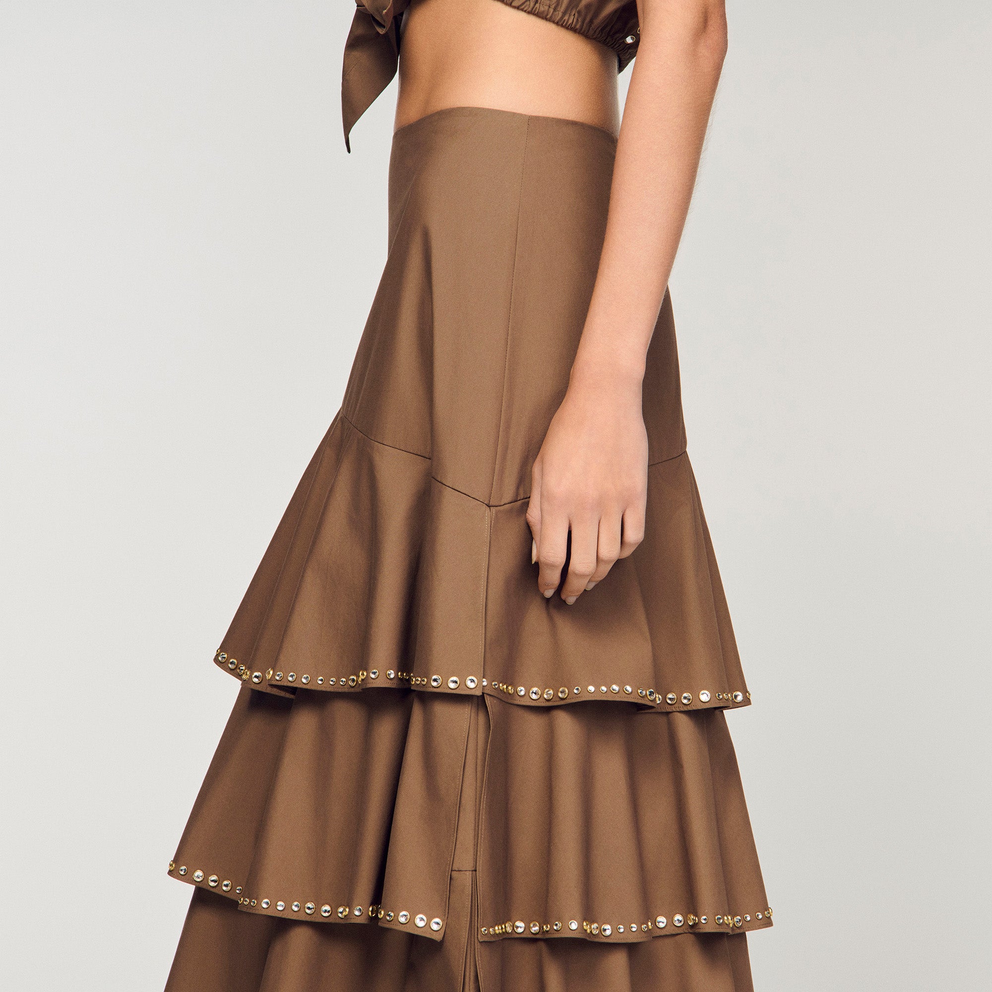 Telia Long Ruffled Rhinestone Skirt Brown