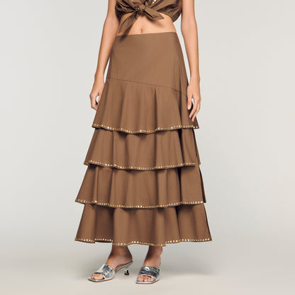 Telia Long Ruffled Rhinestone Skirt Brown