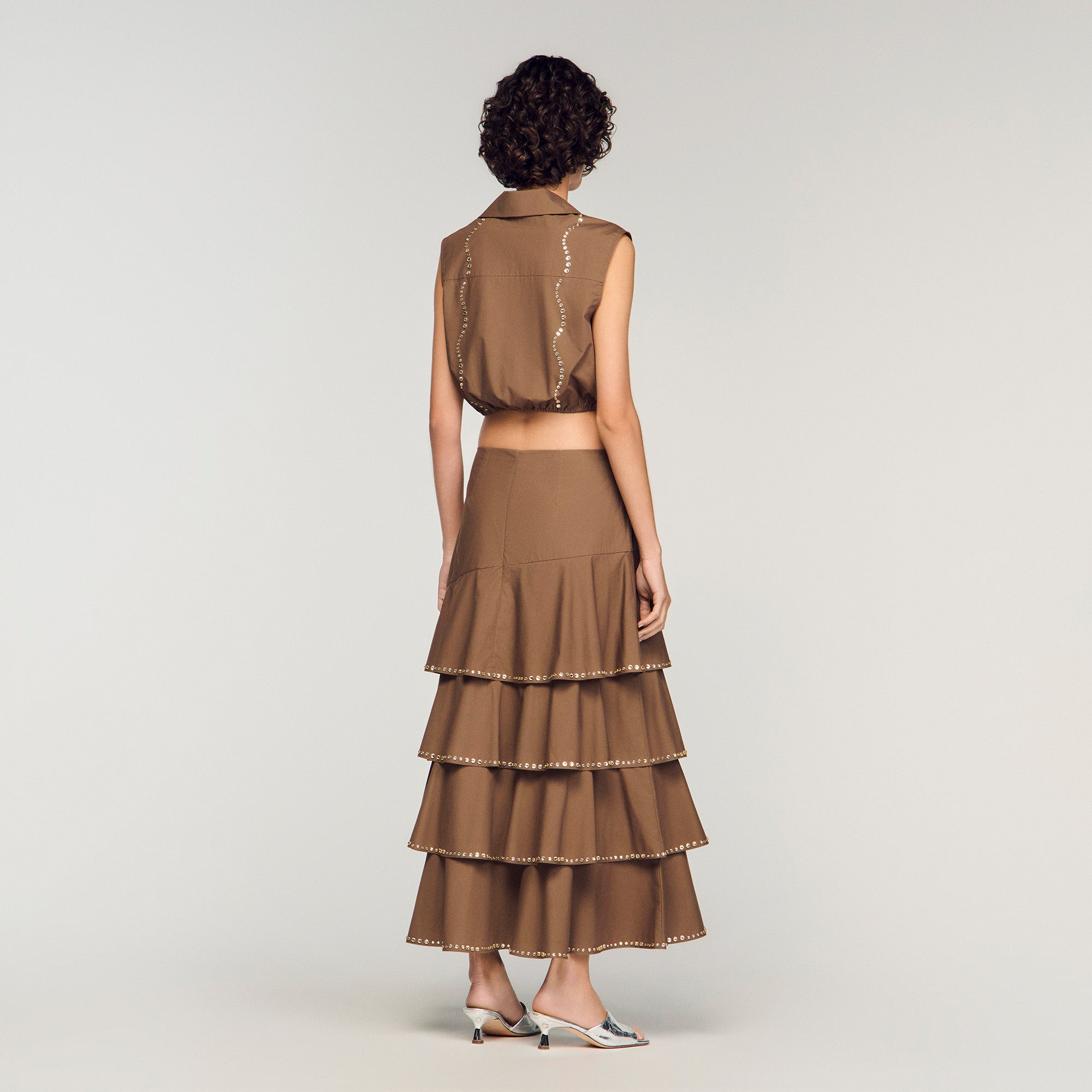 Telia Long Ruffled Rhinestone Skirt Brown