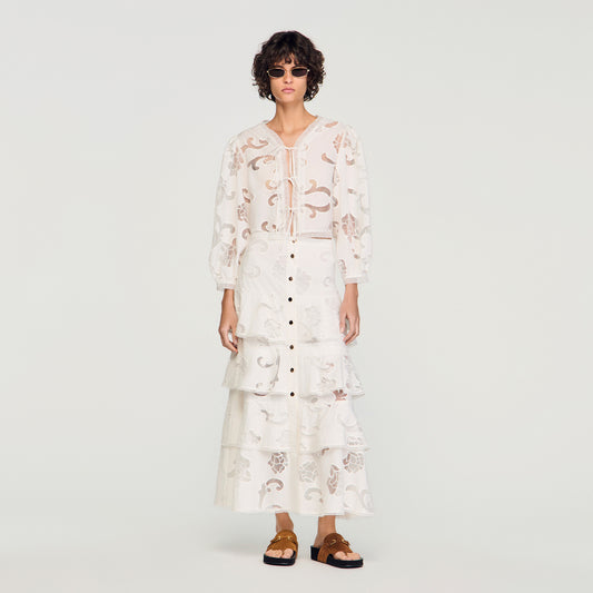 Lucienne Long Openwork Cotton Skirt Ecru