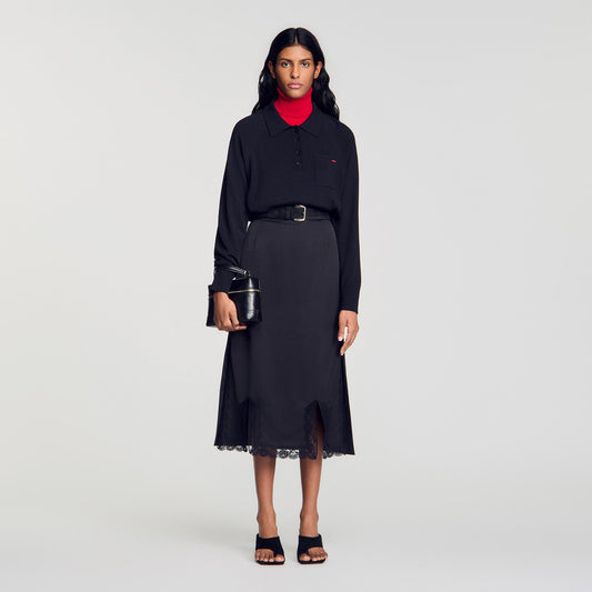 Enja Long Mixed-Material Lace Skirt Black