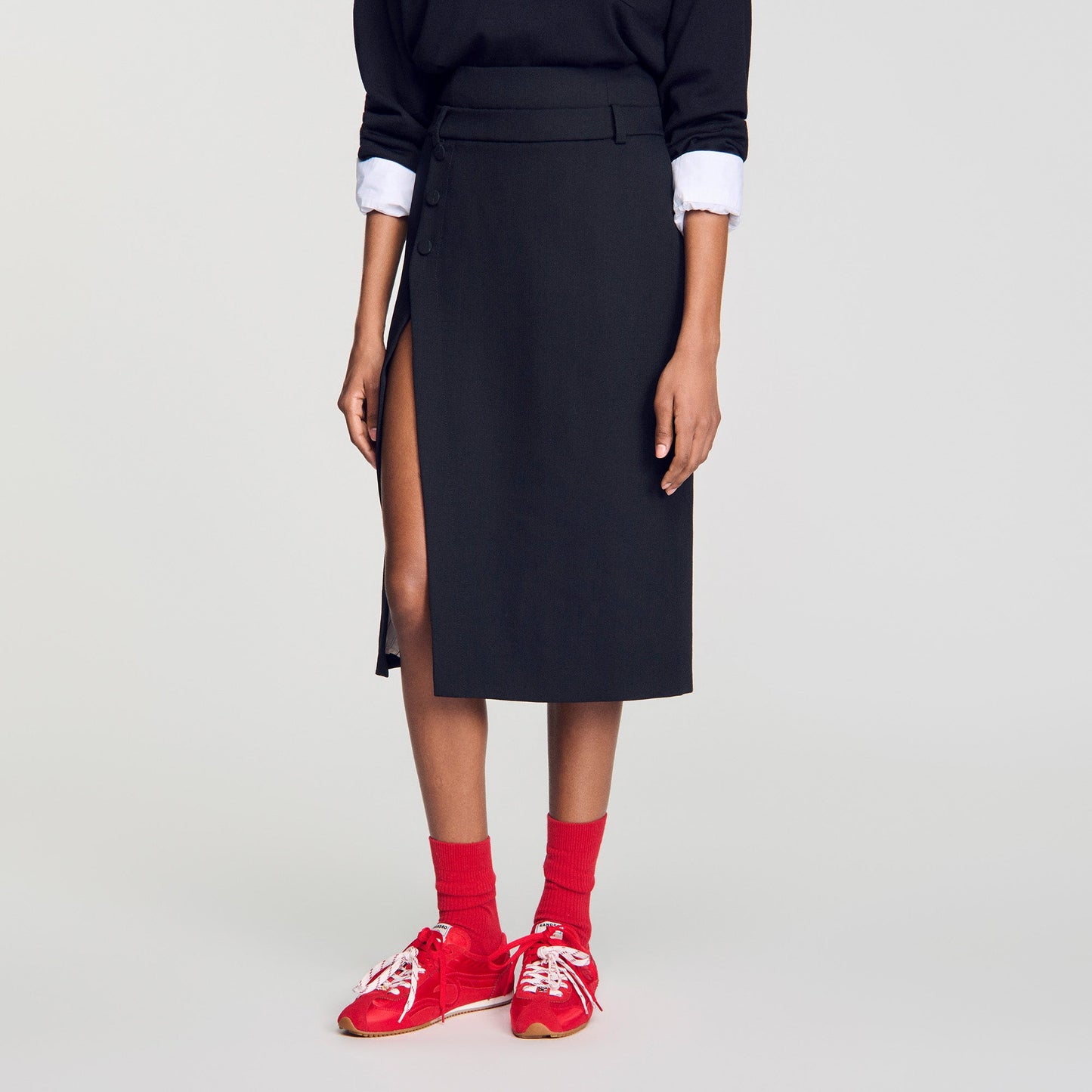 Rivermissa Mid-length slit wool skirt Black