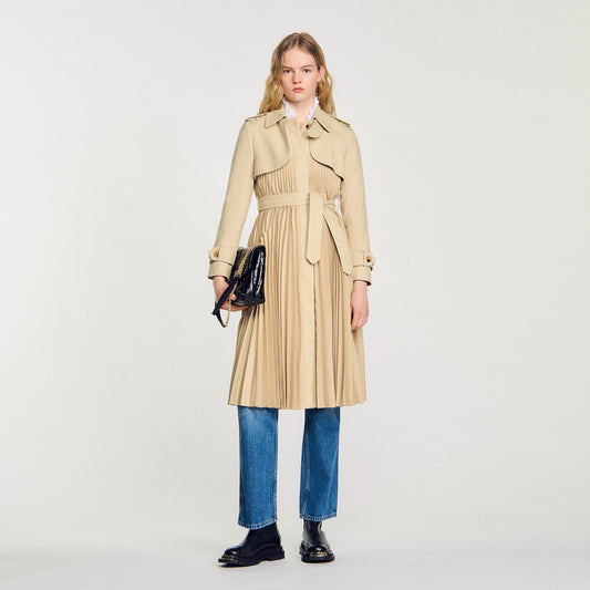 Pleated Trench Coat With Belt Beige