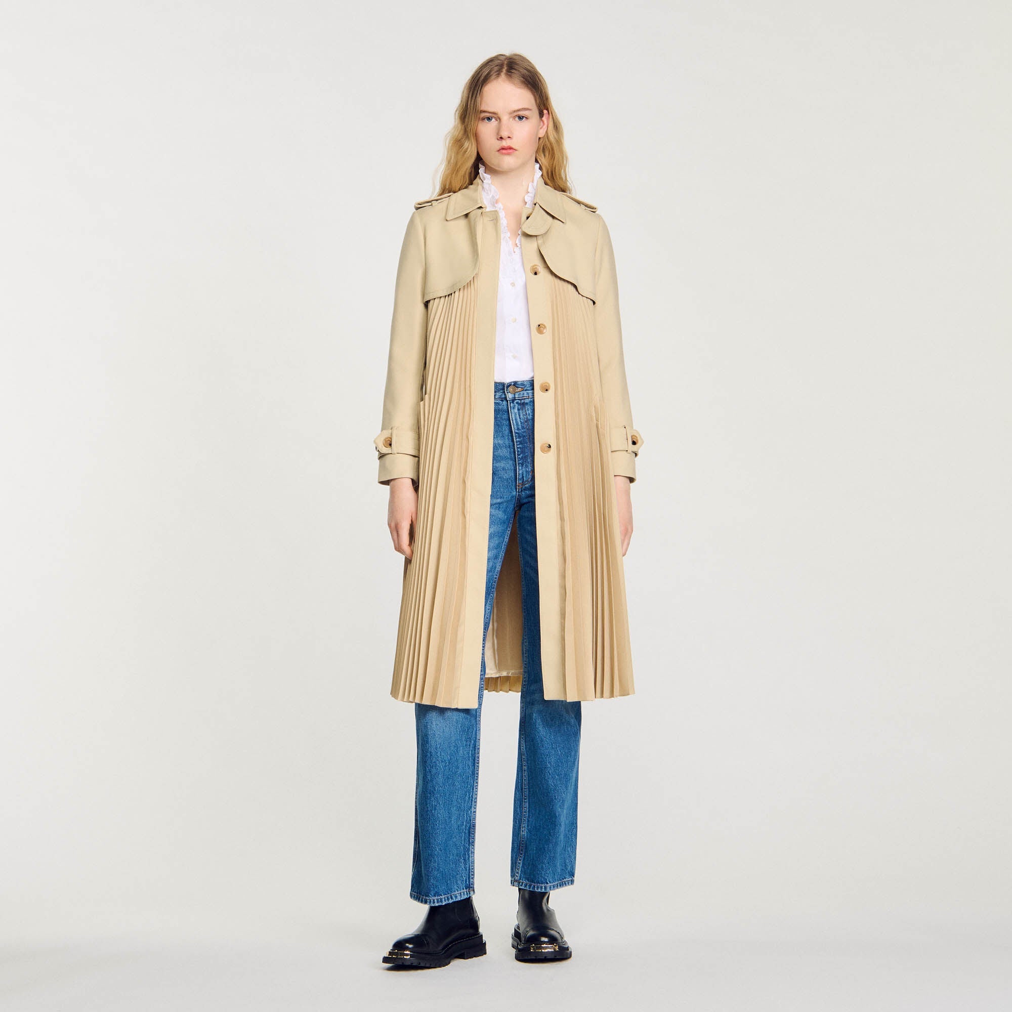 Vino Pleated Trench Coat With Belt Beige - Main Image