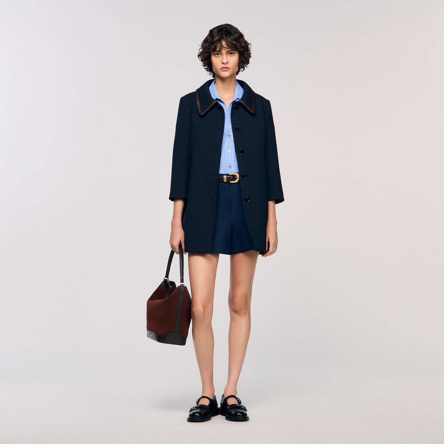 Mazaria Coat With Leather Stripes Navy Blue