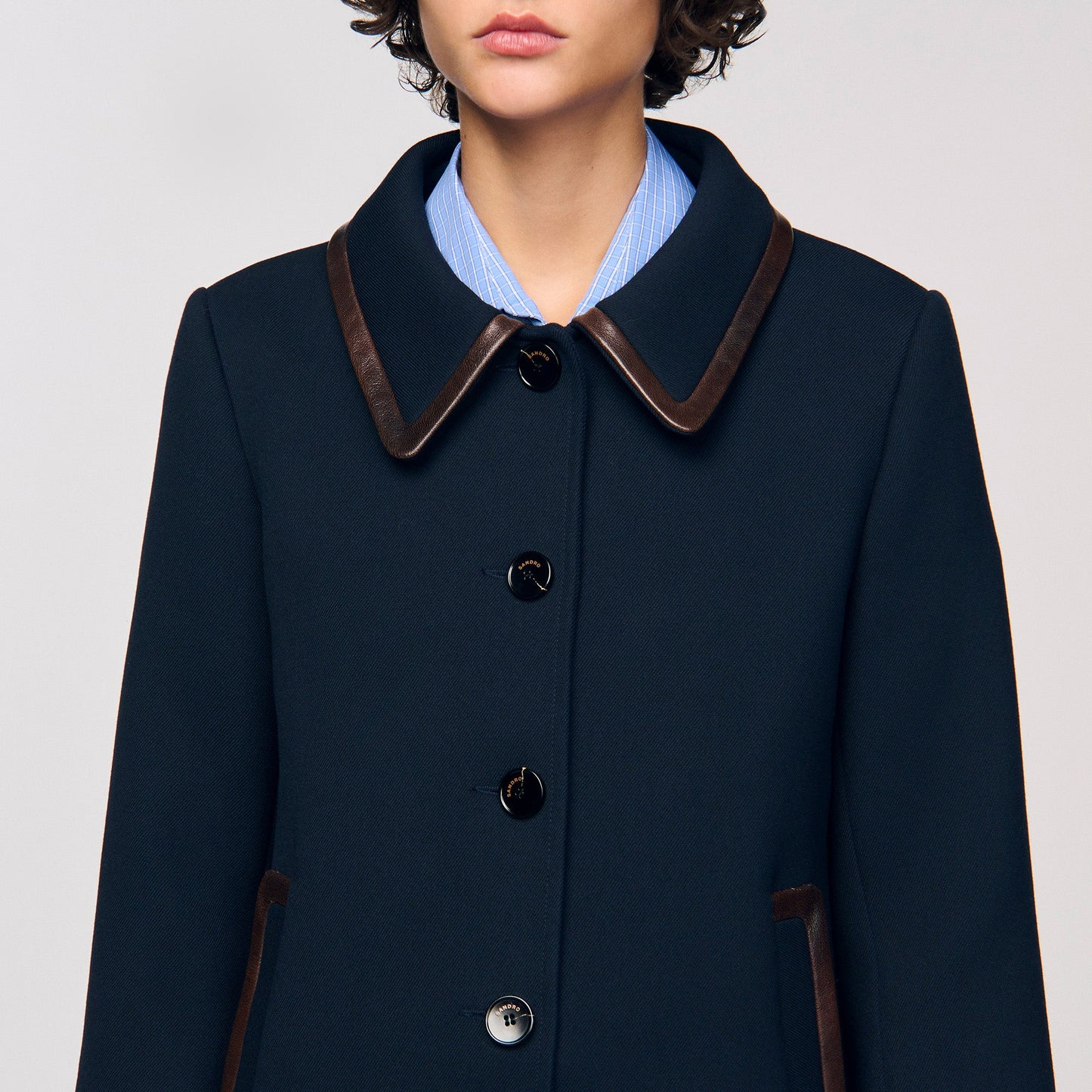 Mazaria Coat With Leather Stripes Navy Blue