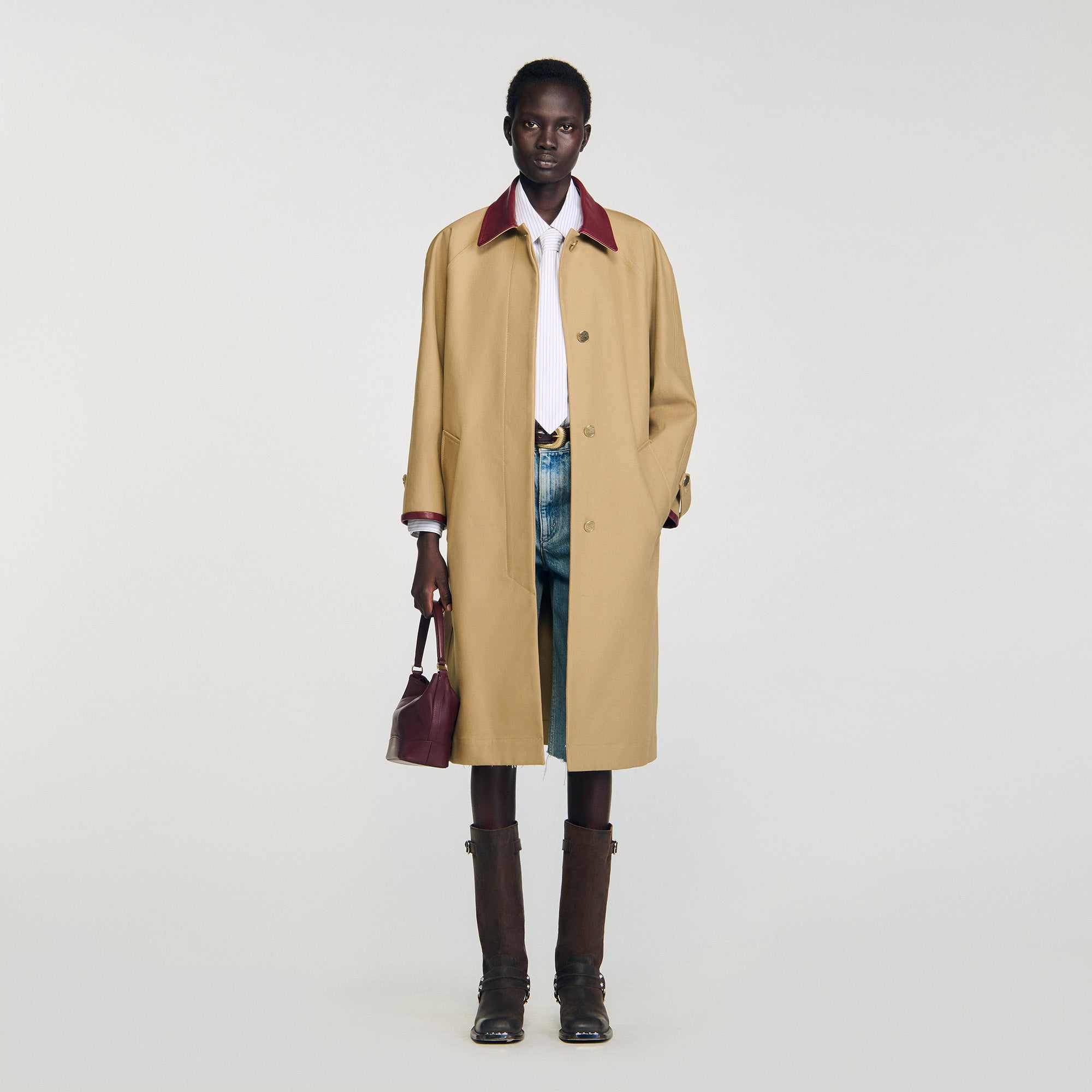 Joey Trench Coat With Leather Collar Beige