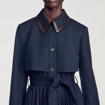 Regine Trench with pleated leather collar Navy Blue