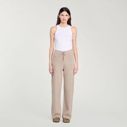 Knit Rhinestone-Covered Trousers Beige