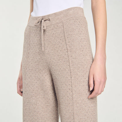 Knit Rhinestone-Covered Trousers Beige