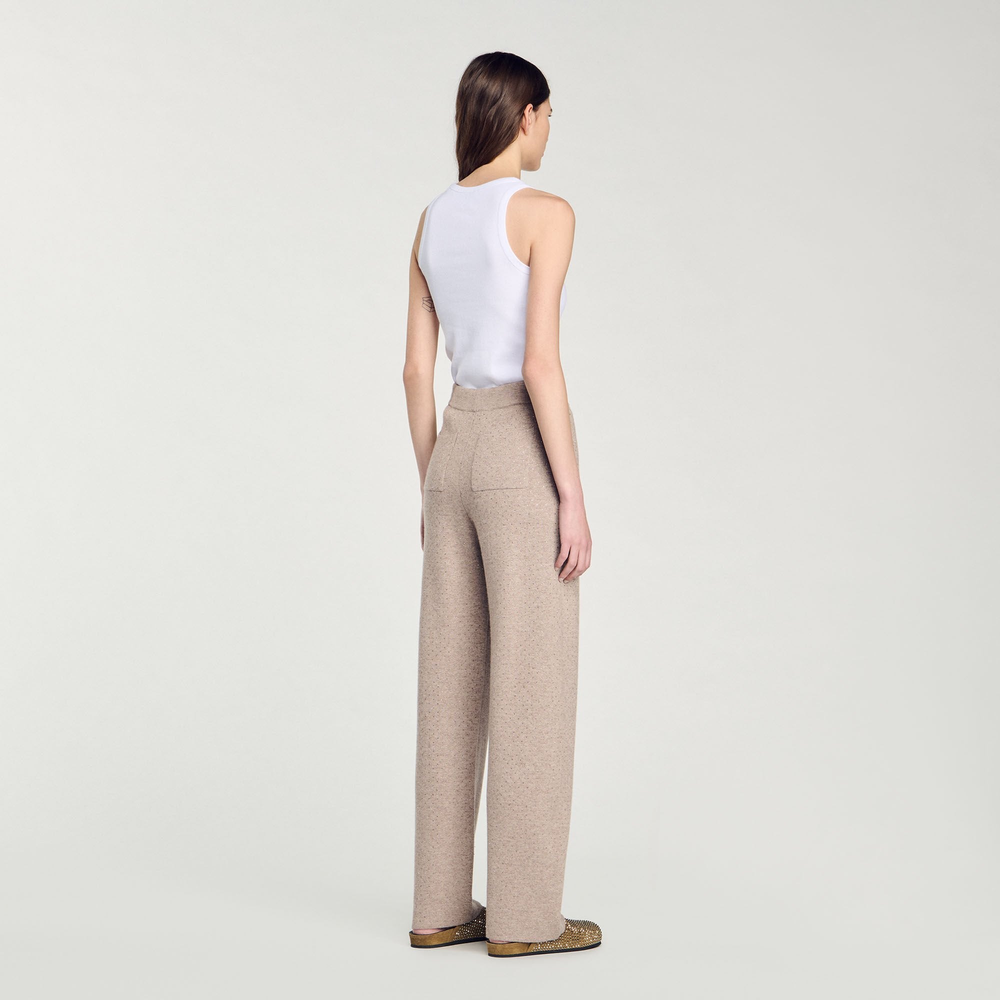 Knit Rhinestone-Covered Trousers Beige