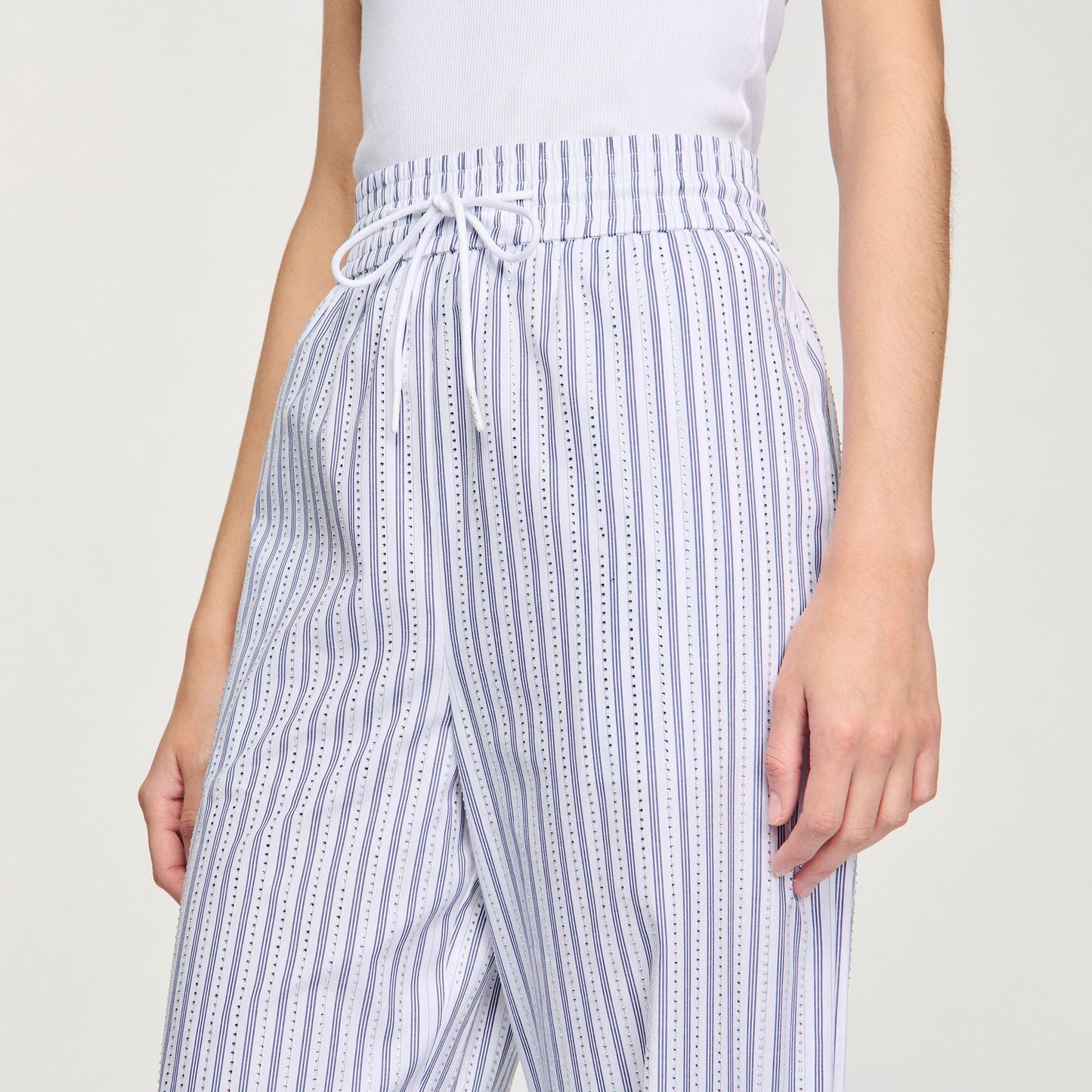 Rhinestone Striped Trousers White