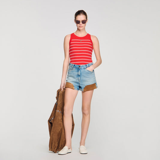 Poema Striped Ribbed Vest Top Red