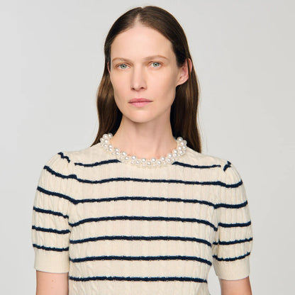 Madie Striped Jumper With Pearl Collar Ecru