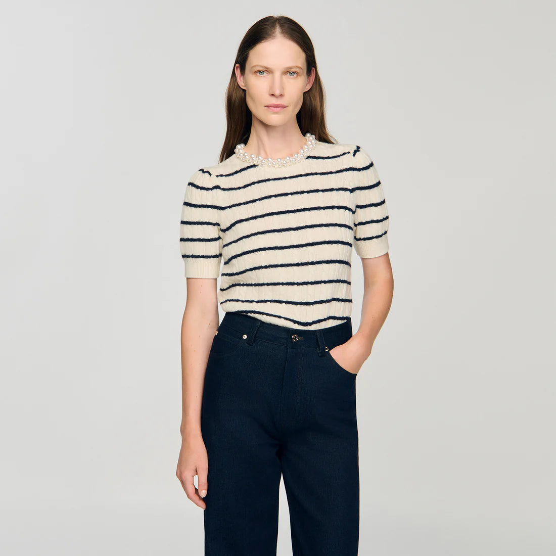 Madie Striped Jumper With Pearl Collar Ecru