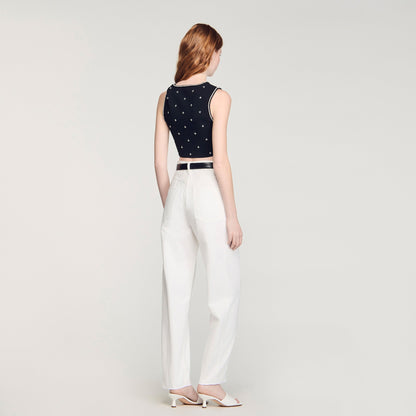 Lilia Jewelled Embroidered Knit Crop Top BLACK